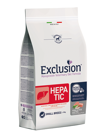 Exclusion Hepatic Cani Adulti Small Breed maiale riso e piselli 2 kg