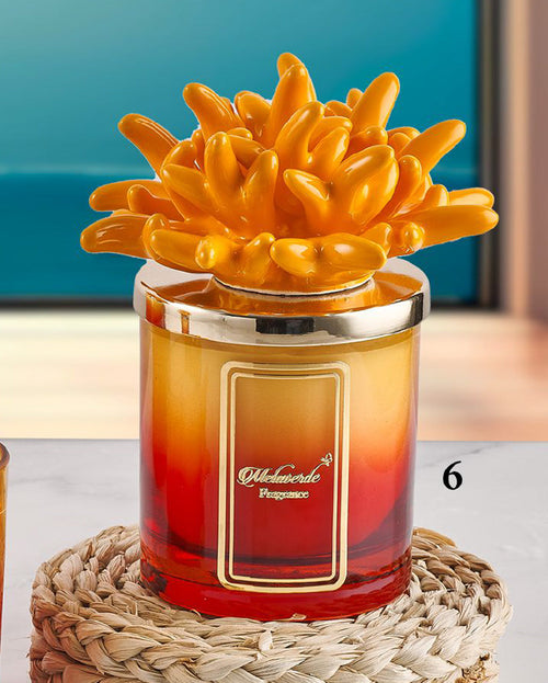 Candela Melaverde Tropicana in porcellana arancione bicolore, bomboniera artigianale con scatolo elegante