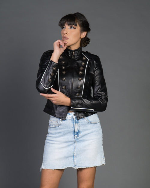 Belen - Giacca Donna Nera in Vera Pelle dettagli Bianco