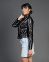 Belen - Giacca Donna Nera in Vera Pelle dettagli Bianco