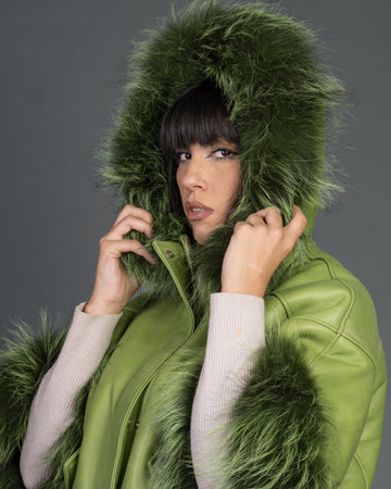 Bea - Giacca Donna Verde in vera pelle e vera pelliccia