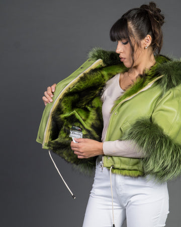 Bea - Giacca Donna Verde in vera pelle e vera pelliccia