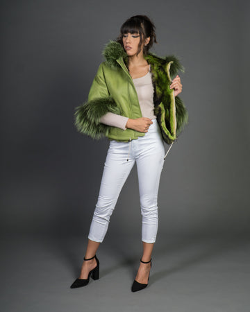 Bea - Giacca Donna Verde in vera pelle e vera pelliccia
