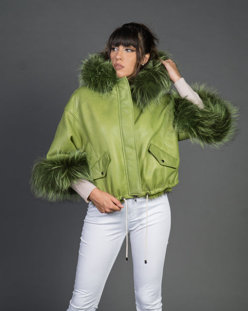 Bea - Giacca Donna Verde in vera pelle e vera pelliccia