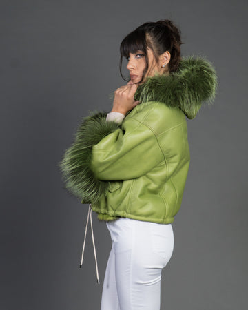 Bea - Giacca Donna Verde in vera pelle e vera pelliccia