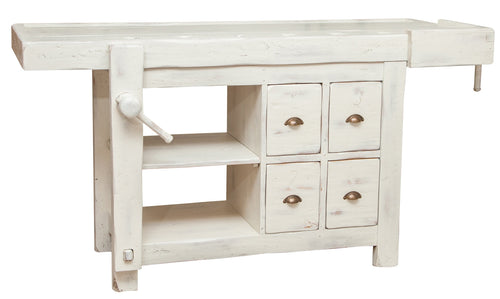 Biscottini Banco da lavoro Country in legno massello di tiglio finitura bianca anticata L184xPR74xH92 cm. Made in Italy