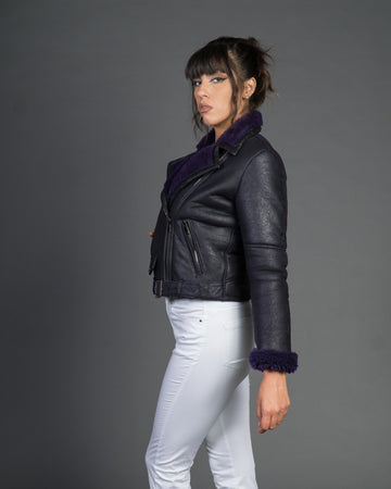 Rebecca - Chiodo Donna Viola in vero montone Shearling