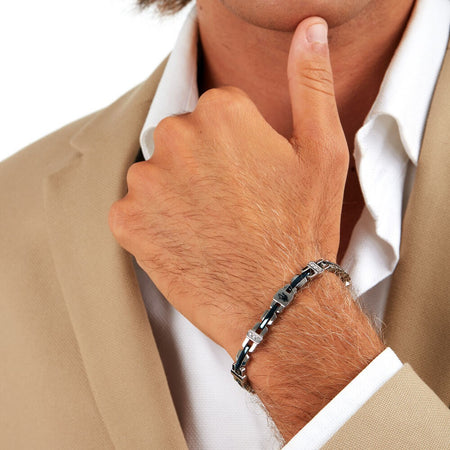 Bracciale MASERATI uomo Iconic acciaio / logo blu / pietre bianche
