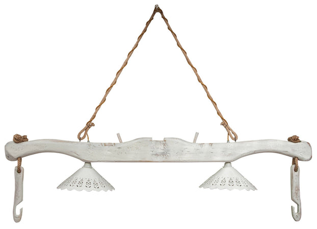 Biscottini Lampadario Giogo Legno Tiglio Bianco Anticato Biscottini 161x30x41 Artigianale