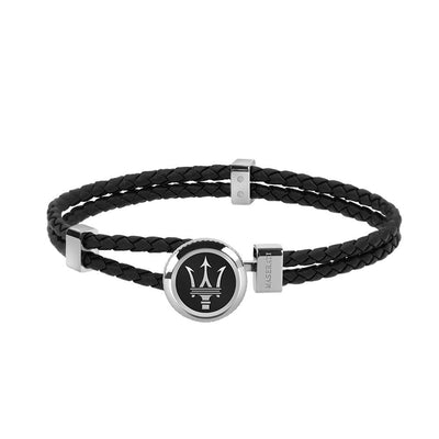 Bracciale MASERATI uomo pelle nero / logo acciaio smalto nero