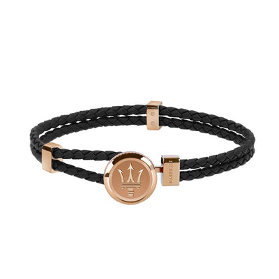 Bracciale MASERATI uomo pelle nero / logo acciaio oro rosa