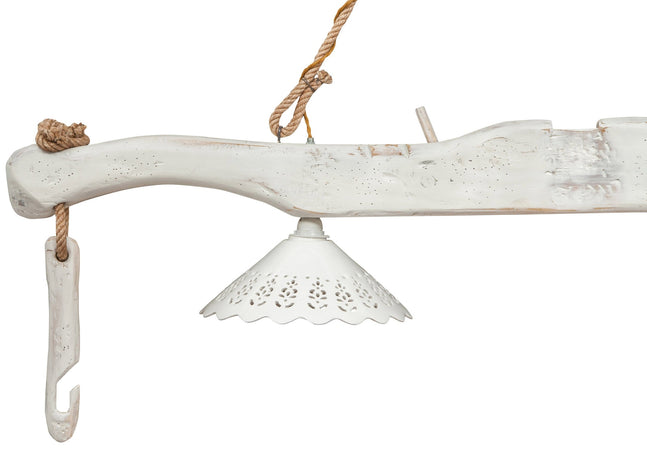 Biscottini Lampadario Giogo Legno Tiglio Bianco Anticato Biscottini 161x30x41 Artigianale