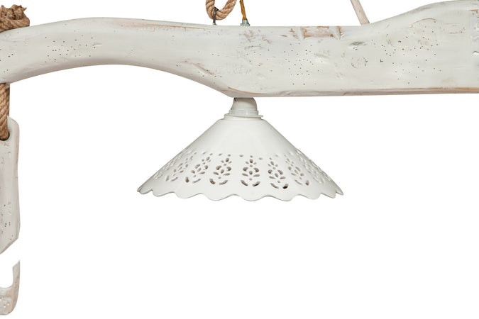 Biscottini Lampadario Giogo Legno Tiglio Bianco Anticato Biscottini 161x30x41 Artigianale