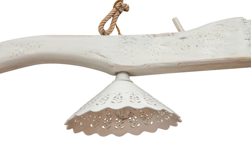 Biscottini Lampadario Giogo Legno Tiglio Bianco Anticato Biscottini 161x30x41 Artigianale