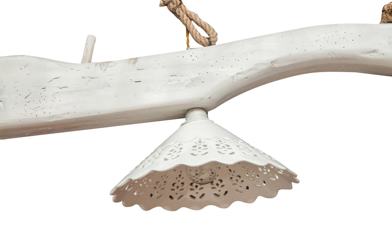 Biscottini Lampadario Giogo Legno Tiglio Bianco Anticato Biscottini 161x30x41 Artigianale