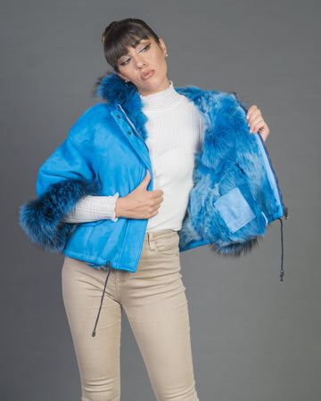 Bea - Giacca Donna Azzurro in vera pelle e vera pelliccia