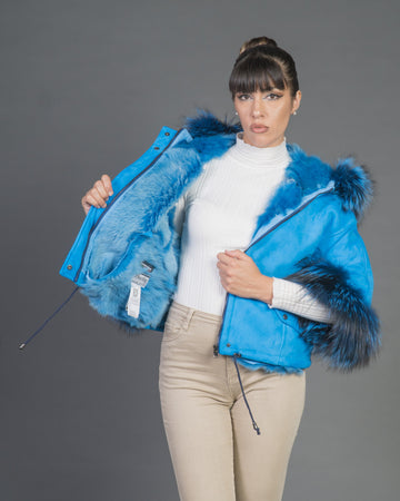 Bea - Giacca Donna Azzurro in vera pelle e vera pelliccia
