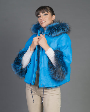 Bea - Giacca Donna Azzurro in vera pelle e vera pelliccia