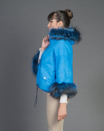 Bea - Giacca Donna Azzurro in vera pelle e vera pelliccia