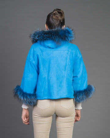 Bea - Giacca Donna Azzurro in vera pelle e vera pelliccia