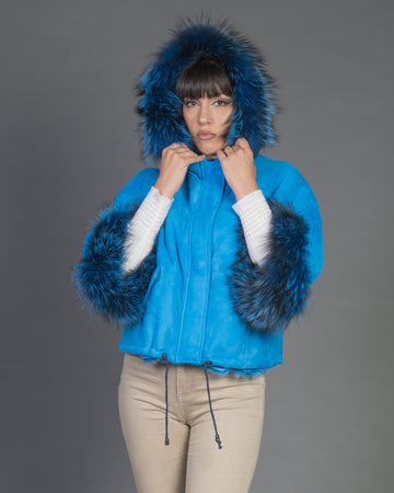 Bea - Giacca Donna Azzurro in vera pelle e vera pelliccia