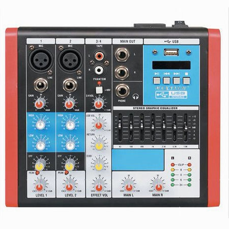 Mixer Audio 4ch Equalizzatore 2 Ingressi Mic Xlr Phantom Usb Mp3 Display Maxtech Mix-4ch