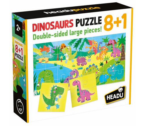Headu- Dinosaurs Puzzle 8+1 - Grandi tessere double-face ( Anni 2+)