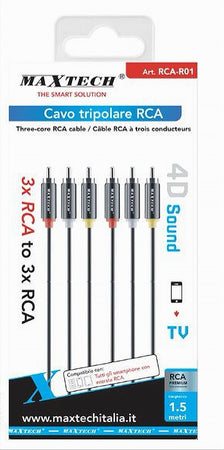 Cavo Tripolare Rca Audio Video Tv 3 X Rca Maschio/maschio 1,5mt 4d Sound Rca-r01