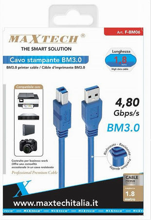 Cavo Stampante Usb Bm3.0 1.8mt Rinforzato Resistente 4,80gbps/s Fotocamera F-bm06
