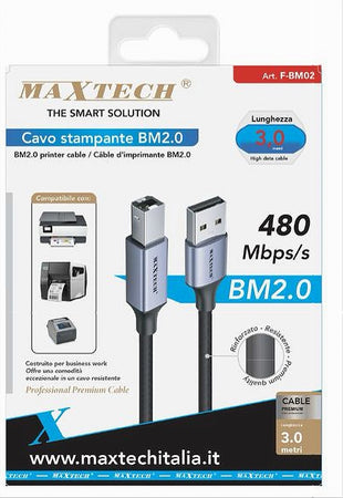 Cavo Usb Bm2.0 Maschio 480 Mbps 3 Mt Compatibile Stampante Etichettatrice F-bm02