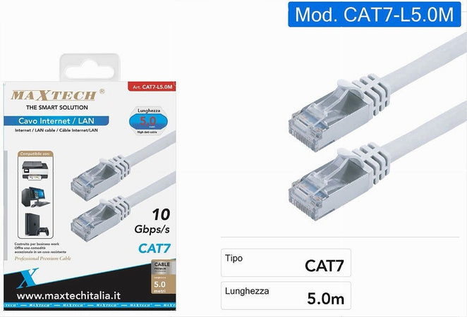 Cavo Ethernet Lan 5 Mt Cat7 Rj45 Rete Per Router Pc Portatile Maxtech Cat7-lan5m