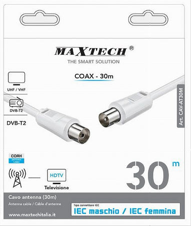 Cavo Antenna Coax 30mt Maschio-femmina Tv Hdtv Dvb-t2 Uhf/vhf Prolunga Cav-at30m