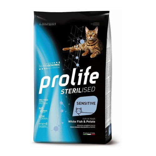 Prolife Sterilised mangime secco Gatti Sensitive pesce bianco e patate