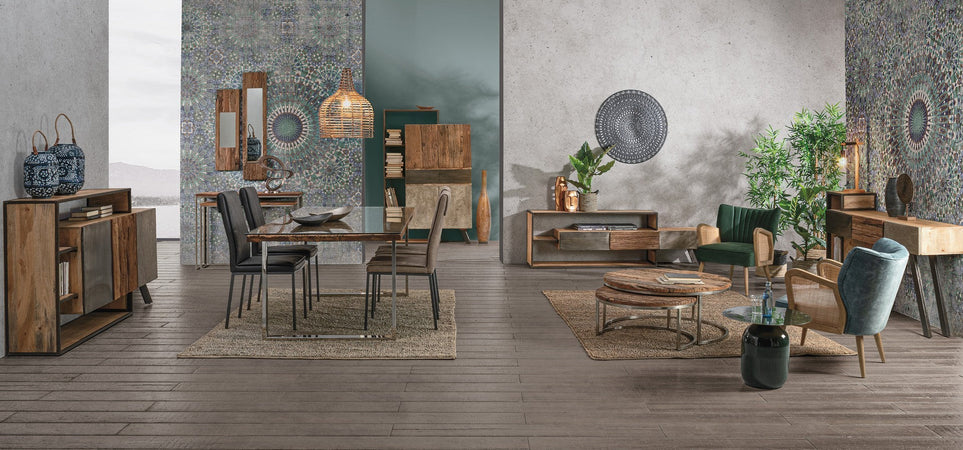 Tavolini "Rafter" struttura in acciaio e piano in legno per arredamento set da 2