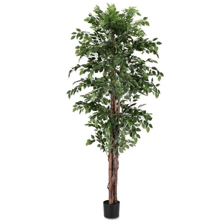 Pianta artificiale "Ficus" con foglie in tessuto, tronco in legno, vaso in plastica