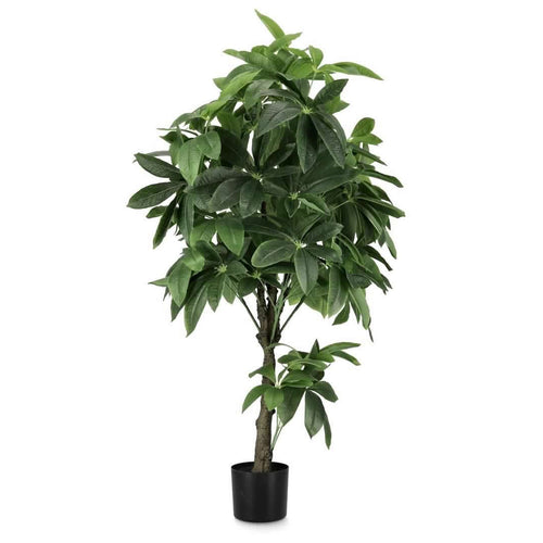 Pianta artificiale Pachira Aquatica con vaso in plastica nero, foglie in tessuto