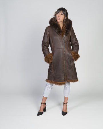 Cappotto Lungo Donna Marrone Vintage in vero montone Shearling