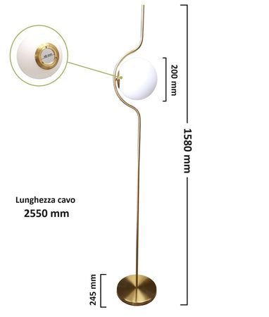 Lampada Da Terra Oro Con Sfera In Vetro Bianco Piantana E27 Design Moderno 33894