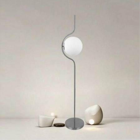 Lampada Da Terra Argento Con Sfera Vetro Bianco Piantana E27 Design Moderno 33900