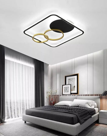 Plafoniera Led 55w Quadrato Con Cerchi Nero Oro Lampada Soffitto Luce 6500k 70906