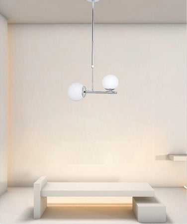 Lampadario A Sospensione Argento Con 2 Sfere In Vetro Bianco Attacco G9 E27 33498