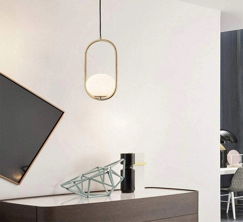 Lampadario A Sospensione Oro Ovale Con Sfera Vetro Attacco E27 Moderna Minimal 32835