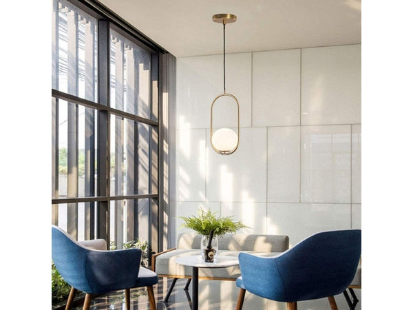 Lampadario A Sospensione Oro Ovale Con Sfera Vetro Attacco E27 Moderna Minimal 32835