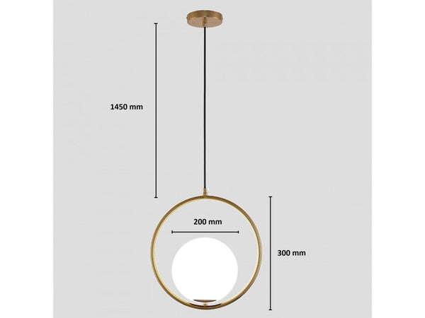 Lampadario A Sospensione Cerchio Metallo Con Sfera Vetro Bianco Attacco E27 Oro 32811