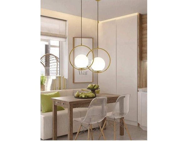 Lampadario A Sospensione Cerchio Metallo Con Sfera Vetro Bianco Attacco E27 Oro 32811