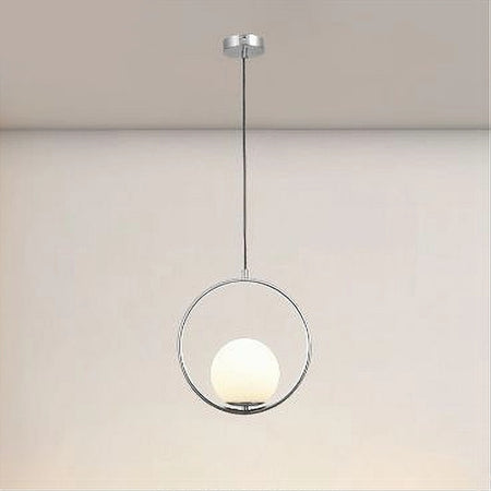 Lampadario A Sospensione Cerchio Metallo Sfera Vetro Bianco Attacco E27 Argento 33467