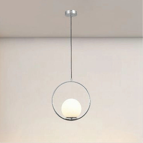 Lampadario A Sospensione Cerchio Metallo Sfera Vetro Bianco Attacco E27 Argento 33467