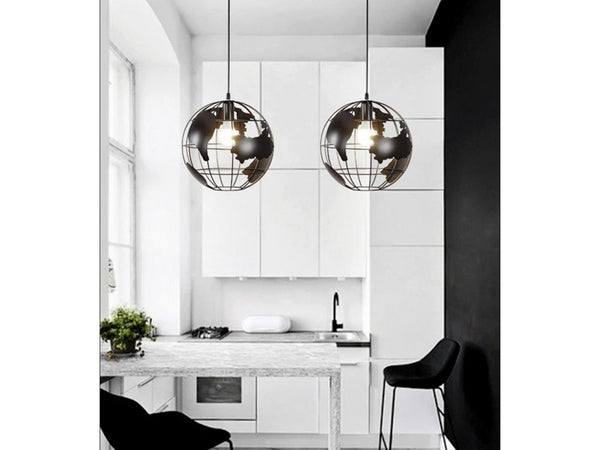 Lampadario A Sospensione Mappamondo E27 In Metallo Nero Sfera Globo Sospeso 33948