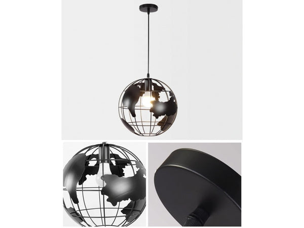 Lampadario A Sospensione Mappamondo E27 In Metallo Nero Sfera Globo Sospeso 33948