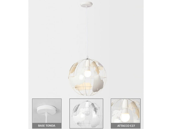 Lampadario A Sospensione Mappamondo E27 In Metallo Bianco Sfera Globo Sospeso 33931